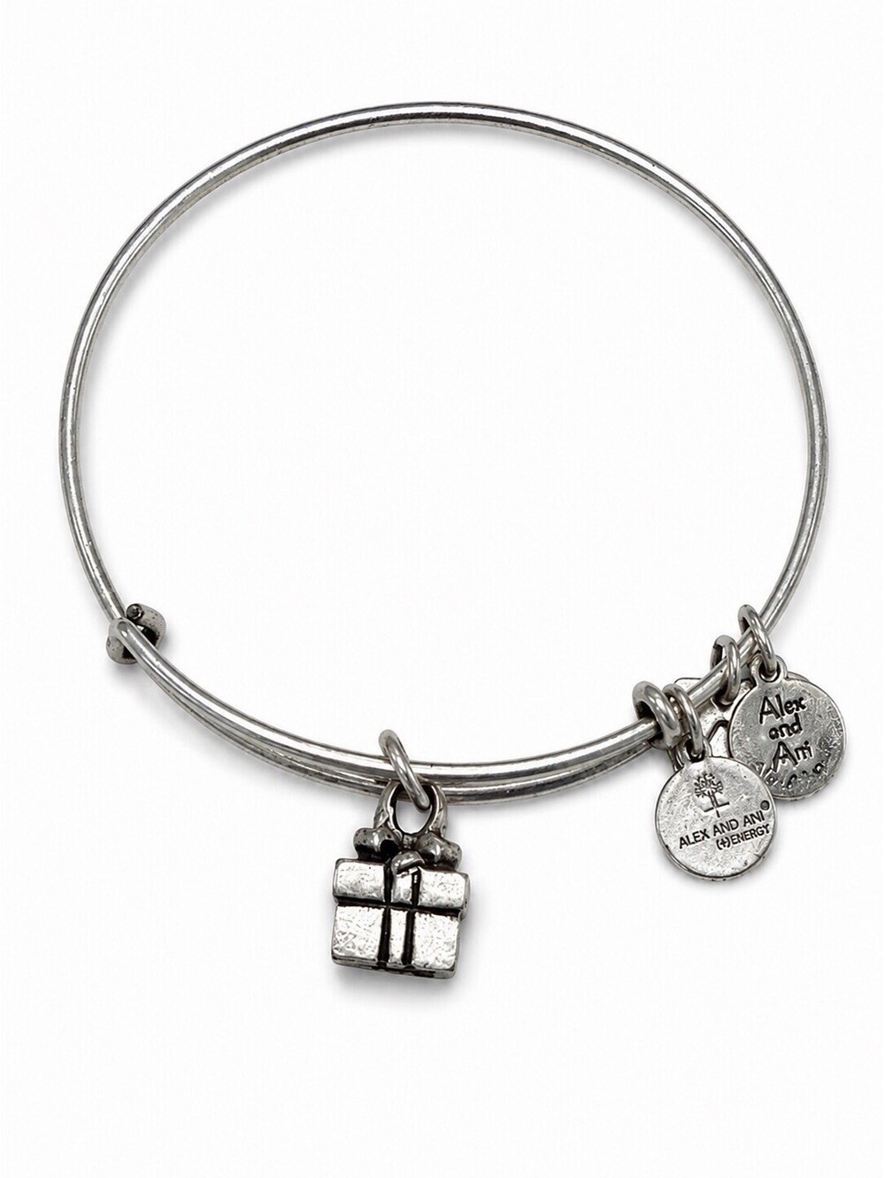 Alex and Ani Gift Box Charm Expandable Bangle Bracelet Silver Tone Gift